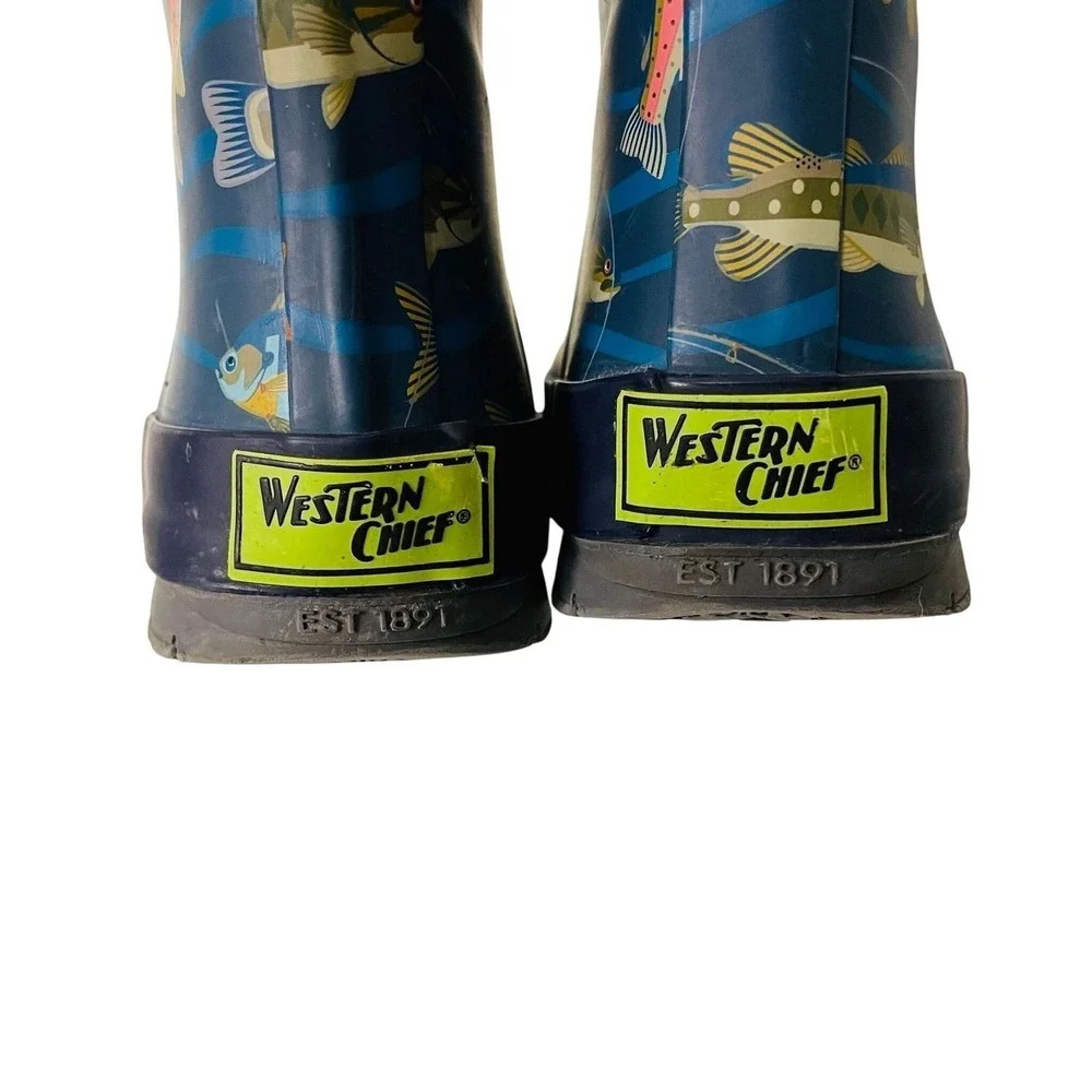 Western Chief Rain Boots Navy Blue Gone Fishin Fishing Kids Size 8 Gorpcore